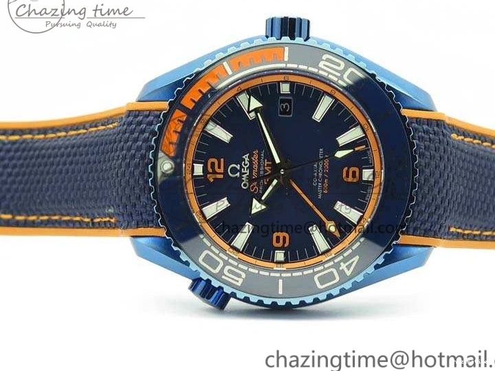 1219 Unique Planet Ocean 45mm GMT Blue DLC Black OMF Best Edition Blue Dial On Blue Gummy Strap A 8123